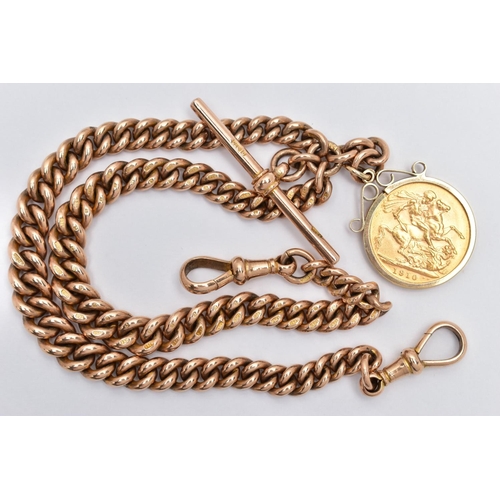 88 - A YELLOW METAL ALBERT CHAIN, SUSPENDING A MOUNTED FULL SOVEREIGN, comprising a series of curb links,... 