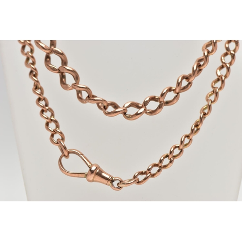 9 - AN EARLY 20TH CENTURY 9CT GOLD ALBERT CHAIN, a graduating curb chain, fitted with an extended chain ... 