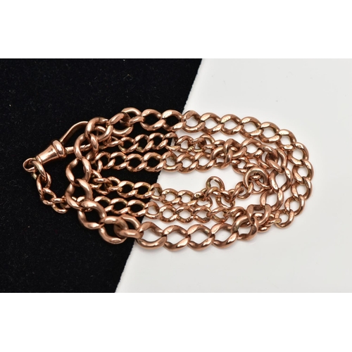 9 - AN EARLY 20TH CENTURY 9CT GOLD ALBERT CHAIN, a graduating curb chain, fitted with an extended chain ... 