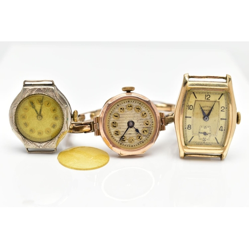 90 - A 9CT GOLD WRISTWATCH AND TWO WATCH HEADS, a hand wound movement, round dial, Arabic numerals, polis... 