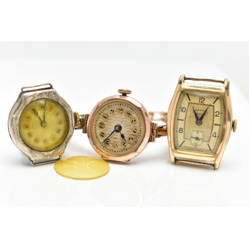 90 - A 9CT GOLD WRISTWATCH AND TWO WATCH HEADS, a hand wound movement, round dial, Arabic numerals, polis... 