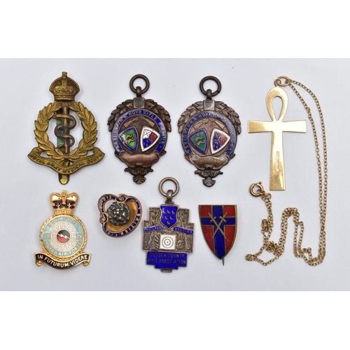 91 - A 9CT GOLD CROSS PENDANT WITH CHAIN AND MEDALS AND BADGES, a plain polished ankh cross, approximate ... 