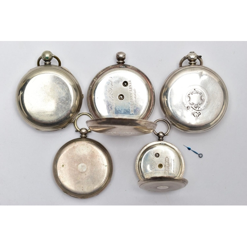 92 - FIVE SILVER OPEN FACE POCKET WATCHES, the first a large silver pocket watch, key wound, silver and g... 