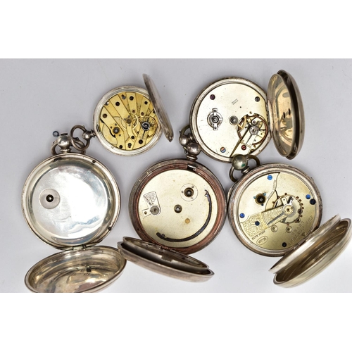 92 - FIVE SILVER OPEN FACE POCKET WATCHES, the first a large silver pocket watch, key wound, silver and g... 