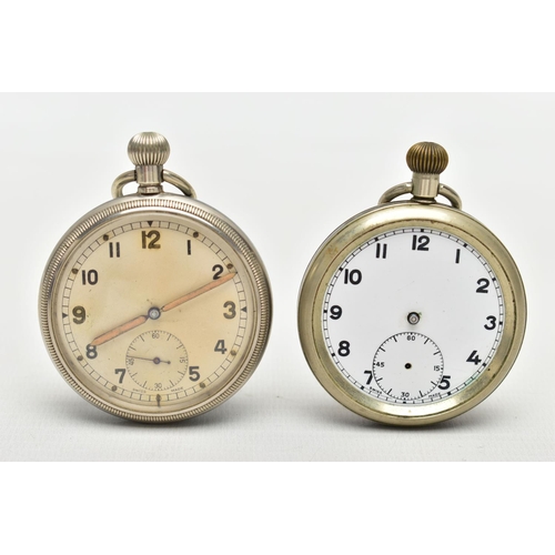 93 - TWO MILITARY OPEN FACE POCKET WATCHES, the first a hand wound movement, Arabic numerals, subsidiary ... 