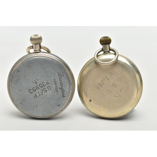 93 - TWO MILITARY OPEN FACE POCKET WATCHES, the first a hand wound movement, Arabic numerals, subsidiary ... 