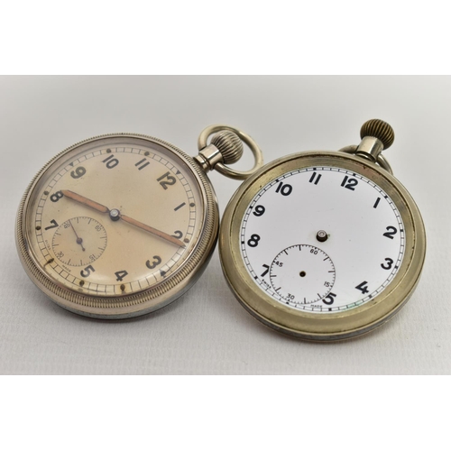 93 - TWO MILITARY OPEN FACE POCKET WATCHES, the first a hand wound movement, Arabic numerals, subsidiary ... 