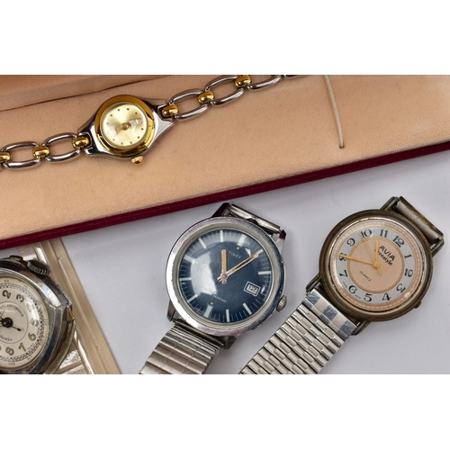 96 - A SELECTION OF WRISTWATCHES, to include a gents manual wind 'Timex' watch, featuring a round blue di... 