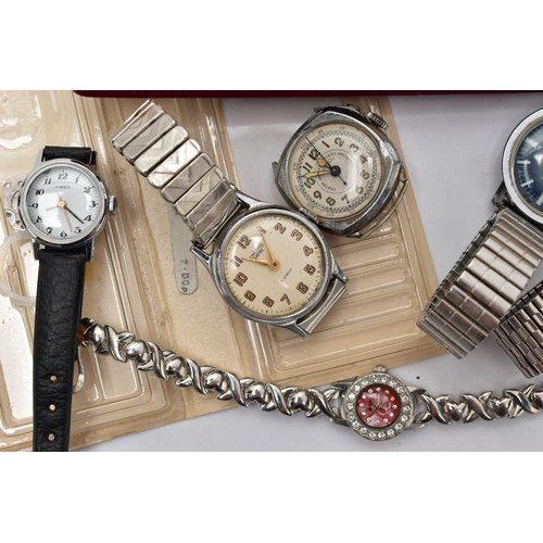 96 - A SELECTION OF WRISTWATCHES, to include a gents manual wind 'Timex' watch, featuring a round blue di... 