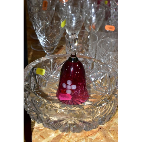 309 - A QUANTITY OF CUT CRYSTAL AND OTHER GLASSWARES, comprising a Royal Doulton cranberry glass bell, Roy... 