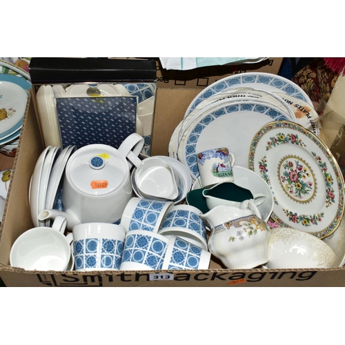 313 - FOUR BOXES OF CERAMICS, LINEN AND GLASSWARES, to include a Royal Tuscan 'Charade' tea set with seven... 