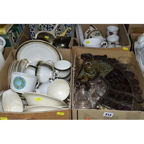 314 - FOUR BOXES OF CERAMICS, GLASSWARES AND METALWARES, to include a Wye Pottery Horse plaque by Adam Dwo... 