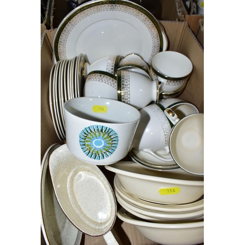 314 - FOUR BOXES OF CERAMICS, GLASSWARES AND METALWARES, to include a Wye Pottery Horse plaque by Adam Dwo... 