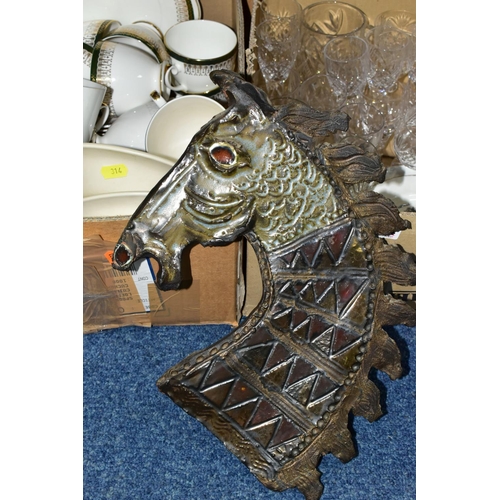 314 - FOUR BOXES OF CERAMICS, GLASSWARES AND METALWARES, to include a Wye Pottery Horse plaque by Adam Dwo... 