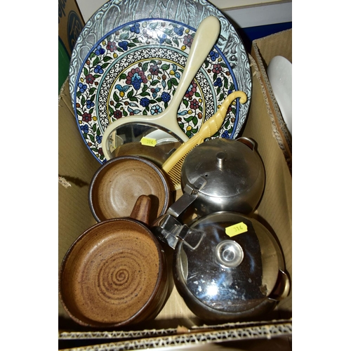 314 - FOUR BOXES OF CERAMICS, GLASSWARES AND METALWARES, to include a Wye Pottery Horse plaque by Adam Dwo... 