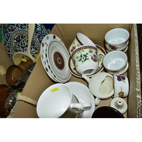 314 - FOUR BOXES OF CERAMICS, GLASSWARES AND METALWARES, to include a Wye Pottery Horse plaque by Adam Dwo... 