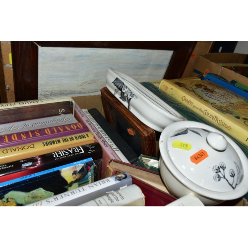 315 - THREE BOXES OF BOOKS AND SUNDRY ITEMS to include over thirty books, a 1911 Whittier Poetical Works, ... 