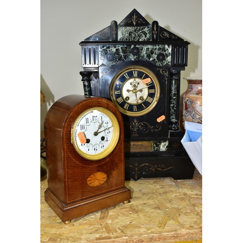 317 - TWO MANTEL CLOCKS, comprising a Victorian black slate and marble mantel clock, the case of architect... 