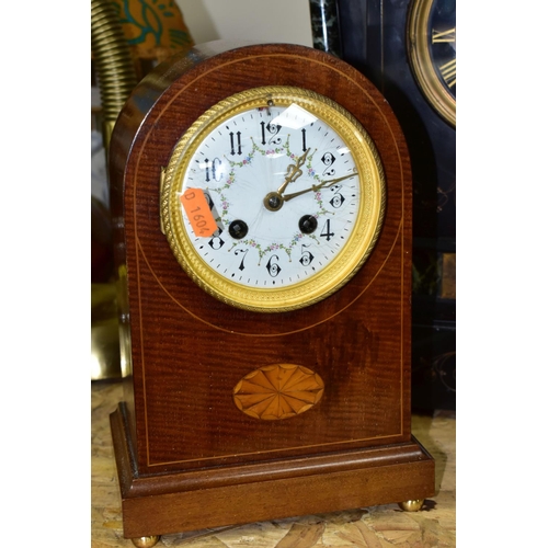 317 - TWO MANTEL CLOCKS, comprising a Victorian black slate and marble mantel clock, the case of architect... 