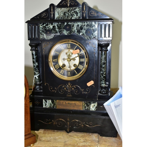 317 - TWO MANTEL CLOCKS, comprising a Victorian black slate and marble mantel clock, the case of architect... 