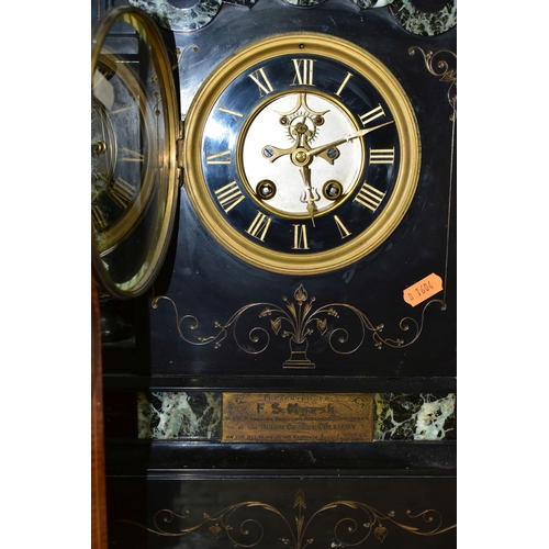 317 - TWO MANTEL CLOCKS, comprising a Victorian black slate and marble mantel clock, the case of architect... 