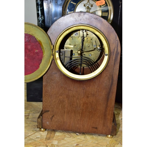 317 - TWO MANTEL CLOCKS, comprising a Victorian black slate and marble mantel clock, the case of architect... 