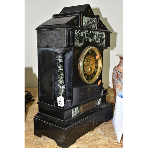 317 - TWO MANTEL CLOCKS, comprising a Victorian black slate and marble mantel clock, the case of architect... 