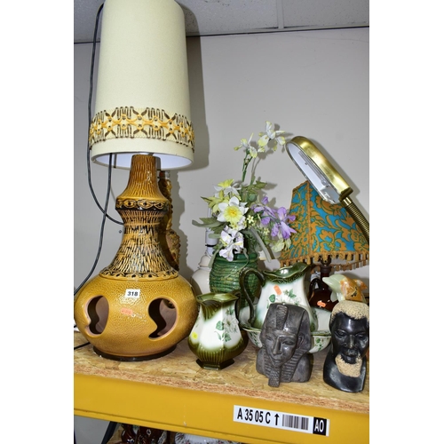 318 - A GROUP OF LAMPS, VASES AND ORNAMENTS, to include a 1960s/1970s mustard glazed table lamp bearing a ... 