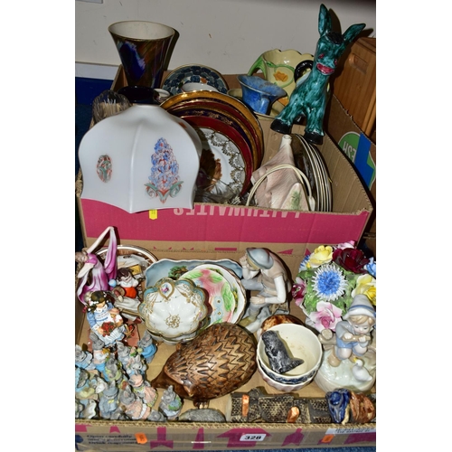 328 - THREE BOXES OF CERAMICS AND GLASSWARES, to include two Old Court Ware lustre vases height of tallest... 