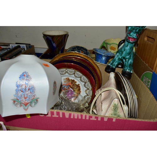 328 - THREE BOXES OF CERAMICS AND GLASSWARES, to include two Old Court Ware lustre vases height of tallest... 