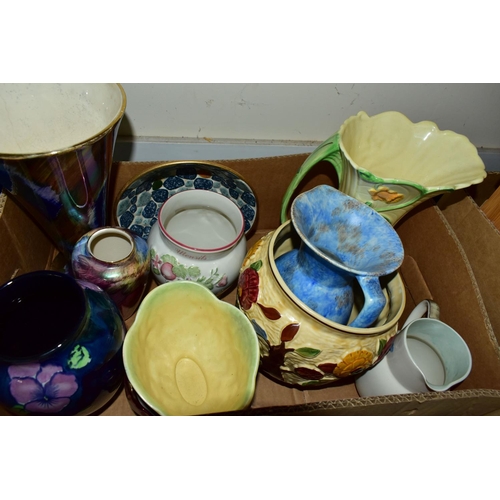 328 - THREE BOXES OF CERAMICS AND GLASSWARES, to include two Old Court Ware lustre vases height of tallest... 