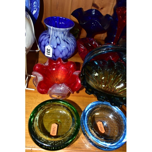 331 - A COLLECTION OF COLOURED ART GLASS, comprising a red Murano Floriform silver aventurine dish, a 1970... 