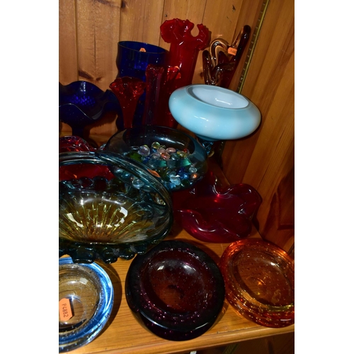 331 - A COLLECTION OF COLOURED ART GLASS, comprising a red Murano Floriform silver aventurine dish, a 1970... 