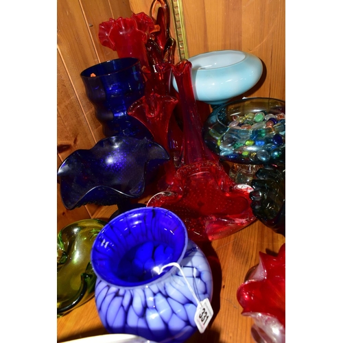 331 - A COLLECTION OF COLOURED ART GLASS, comprising a red Murano Floriform silver aventurine dish, a 1970... 