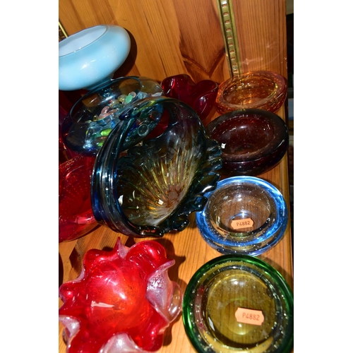 331 - A COLLECTION OF COLOURED ART GLASS, comprising a red Murano Floriform silver aventurine dish, a 1970... 