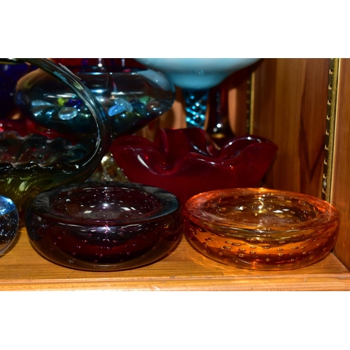 331 - A COLLECTION OF COLOURED ART GLASS, comprising a red Murano Floriform silver aventurine dish, a 1970... 