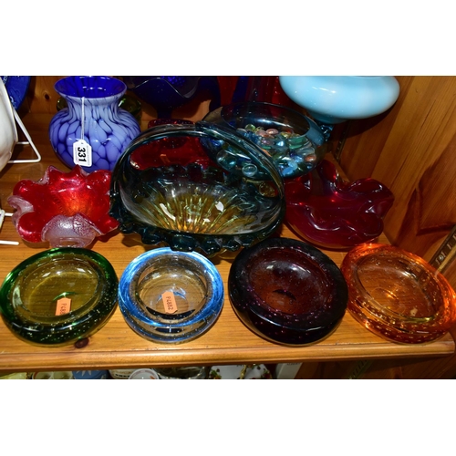 331 - A COLLECTION OF COLOURED ART GLASS, comprising a red Murano Floriform silver aventurine dish, a 1970... 