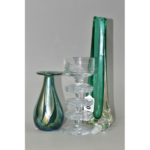 340 - THREE PIECES OF STUDIO GLASS, comprising a clear Wedgwood Sheringham candle holder with three rings ... 