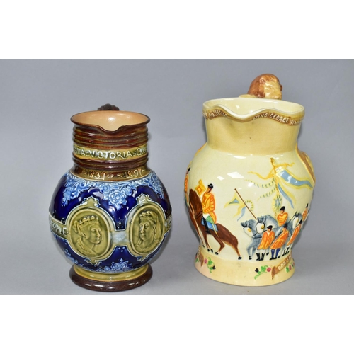 342 - TWO ROYAL COMMEMORATIVE JUGS, comprising a late nineteenth century Doulton Lambeth jug commemorating... 