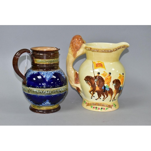 342 - TWO ROYAL COMMEMORATIVE JUGS, comprising a late nineteenth century Doulton Lambeth jug commemorating... 