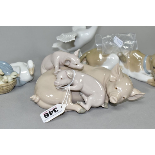 346 - FOUR LLADRO ANIMAL AND BIRD FIGURES, comprising Playful Piglets 5228, sculptor Jose Roig, issued 198... 