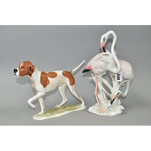 348 - A GOEBEL POINTER FIGURE AND A KARL ENS FIGURE GROUP OF FLAMINGOS, the brown and white pointer with i... 