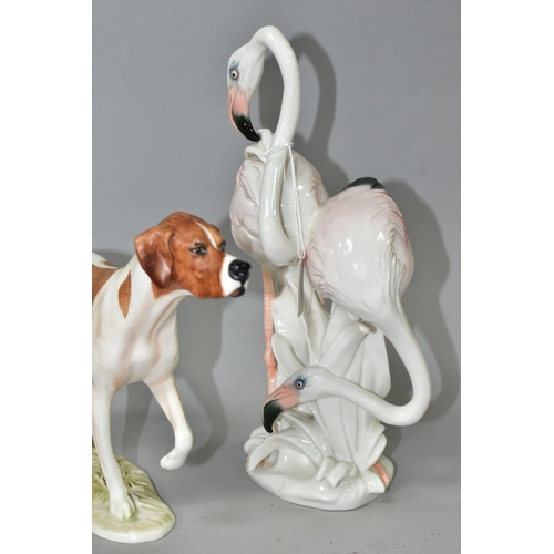 348 - A GOEBEL POINTER FIGURE AND A KARL ENS FIGURE GROUP OF FLAMINGOS, the brown and white pointer with i... 