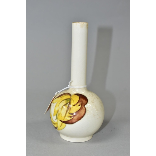 351 - A MOORCROFT POTTERY BUD VASE, 'Leaves in the Wind' yellow and brown leaf pattern on a cream ground, ... 