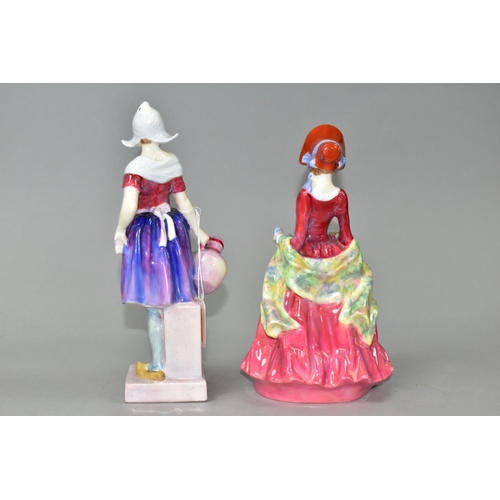 355 - TWO ROYAL DOULTON FIGURINES, comprising Gretchen HN1562 (hand broken and part missing), in pink and ... 