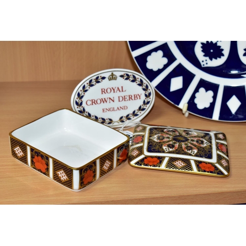 363 - A ROYAL CROWN DERBY OLD IMARI TRINKET BOX, AN UNFINISHED IMARI PLATE AND A DISPLAY SIGN, comprising ... 