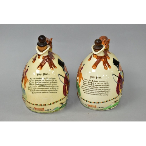 369 - TWO CROWN DEVON JOHN PEEL MUSICAL FLASKS, with wooden stoppers, relief moulded scenes and handles in... 