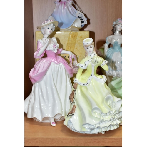 376 - FIVE COALPORT FIGURINES, comprising boxed Debutantes 'The Garden Party' height 12.5cm, together with... 