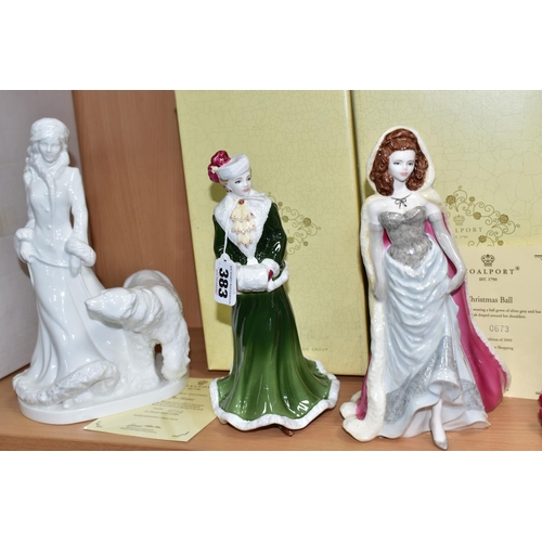 383 - FOUR COALPORT LIMITED EDITION FIGURINES AND FIGURE GROUP, comprising 'Christmas Ball' 673/2000, with... 