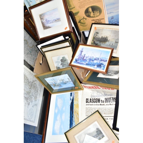 387 - ONE BOX OF FRAMED PAINTINGS, PRINTS AND MAPS, to include two wall maps of Scotland and Staffordshire... 